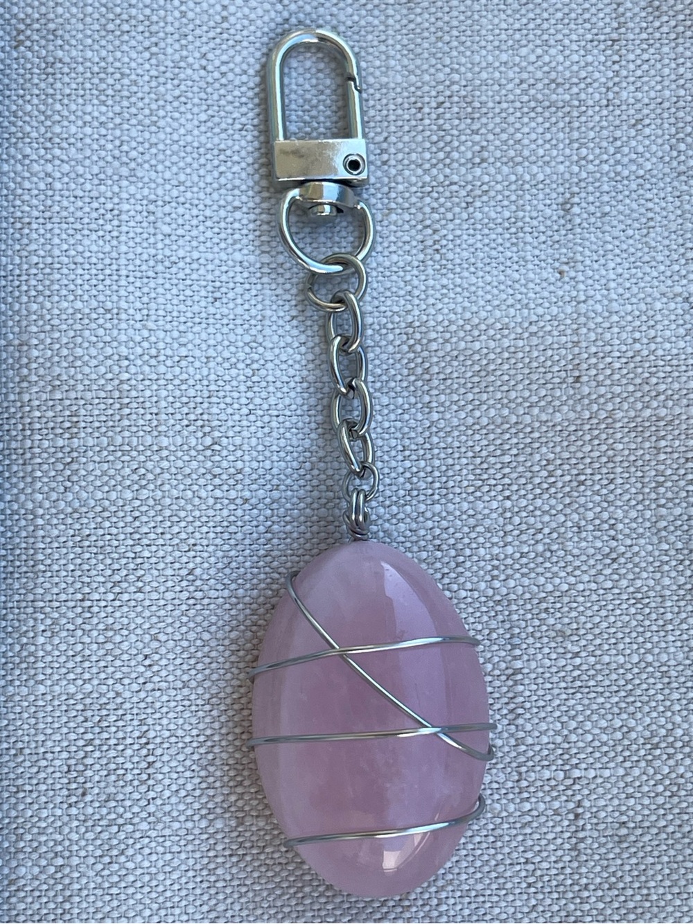 Rose Quartz Oval Wire-Wrapped Bag Charm Stainless Steel